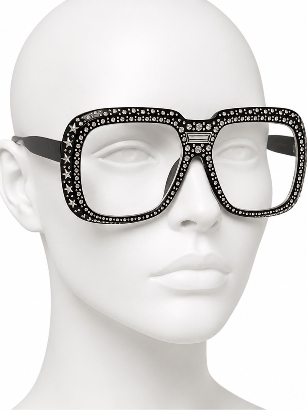Rhinestone & Star Embellished Oversized Fashion Eyeglasses-Black Statement Frame